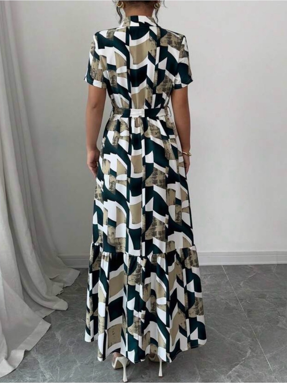 Geometric Print Maxi Shirt Dress in Cream & Black - Picture 2 of 3